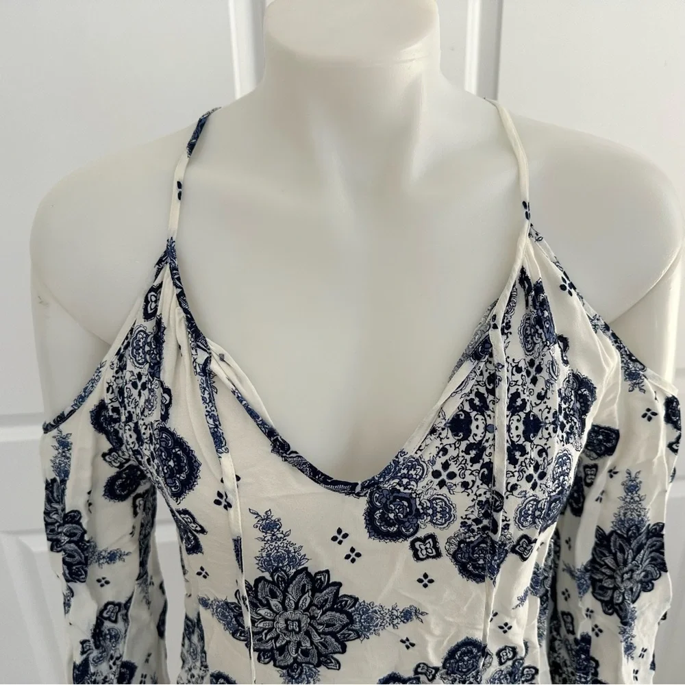Blue & White Floral Paisley Print Boho Festival Cutout Dress - Picture 11 of 17